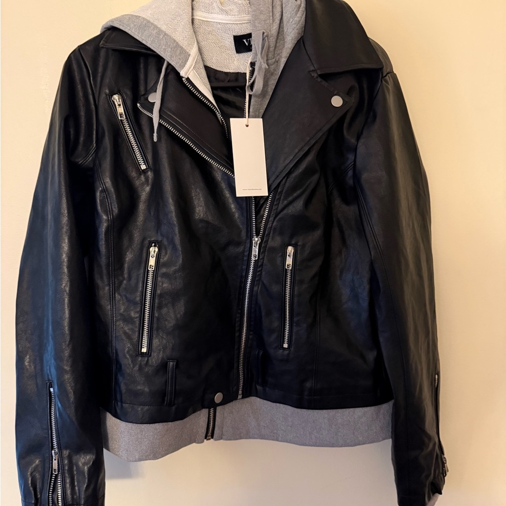 NWT VICI faux Leather Jacket with Gray Hoodie